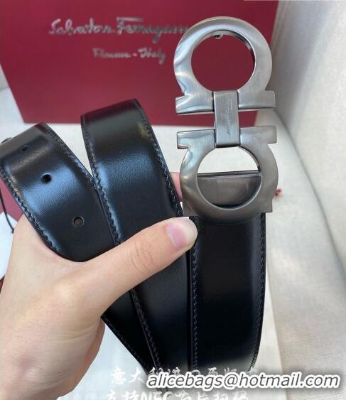 Reasonable Price Ferragamo Gancini Shiny Calfskin Belt 3.5cm 030901 Black/Gunmetal