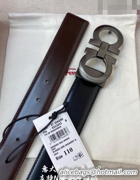 Reasonable Price Ferragamo Gancini Shiny Calfskin Belt 3.5cm 030901 Black/Gunmetal