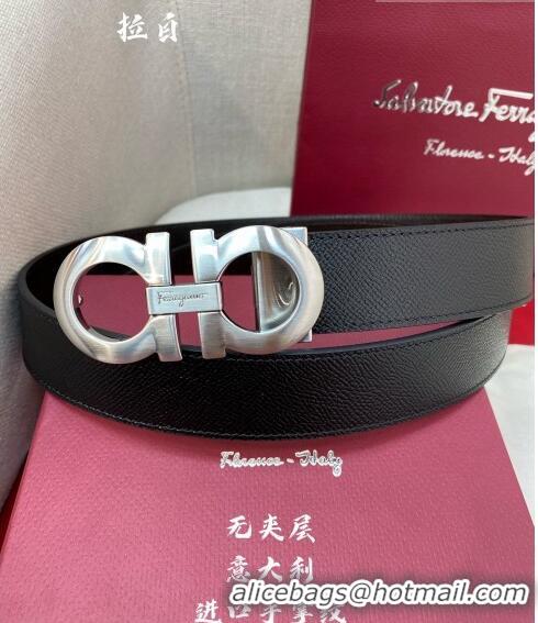 Famous Brand Ferragamo Gancini Palm-Grained Calfskin Belt 3.5cm 030902 Black/Matte Silver