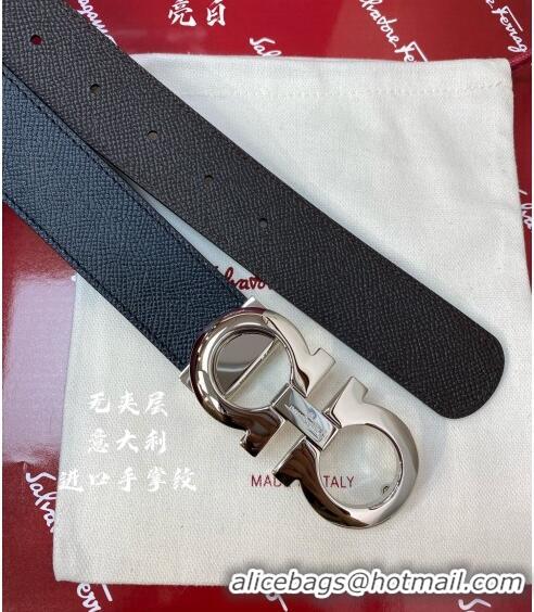 ​Best Product Ferragamo Gancini Palm-Grained Calfskin Belt 3.5cm 030902 Black/Bright Silver