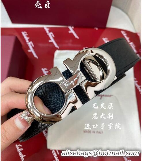 ​Best Product Ferragamo Gancini Palm-Grained Calfskin Belt 3.5cm 030902 Black/Bright Silver