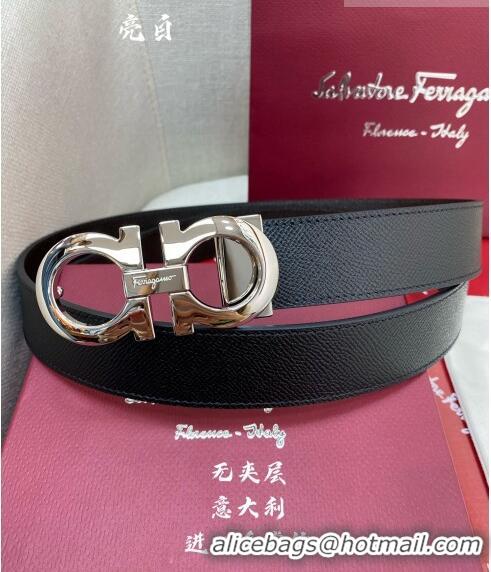 ​Best Product Ferragamo Gancini Palm-Grained Calfskin Belt 3.5cm 030902 Black/Bright Silver