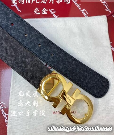 ​Well Crafted Ferragamo Gancini Palm-Grained Calfskin Belt 3.5cm 030902 Black/Bright Gold