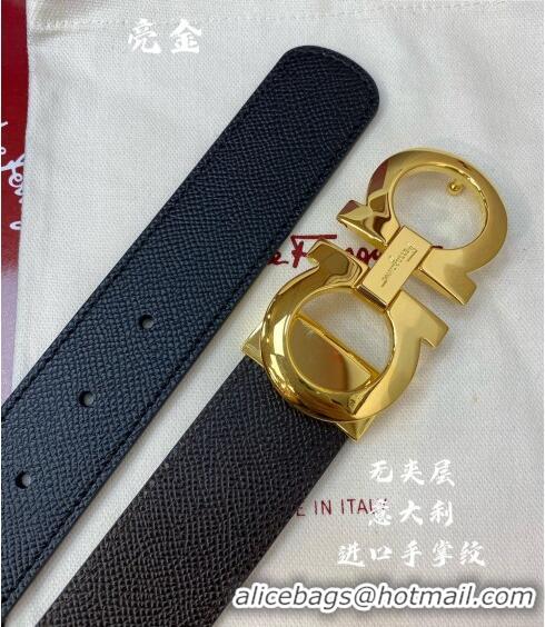 ​Well Crafted Ferragamo Gancini Palm-Grained Calfskin Belt 3.5cm 030902 Black/Bright Gold