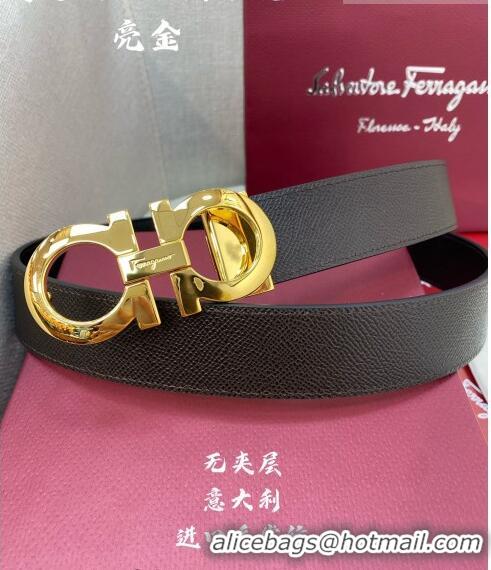 ​Well Crafted Ferragamo Gancini Palm-Grained Calfskin Belt 3.5cm 030902 Black/Bright Gold