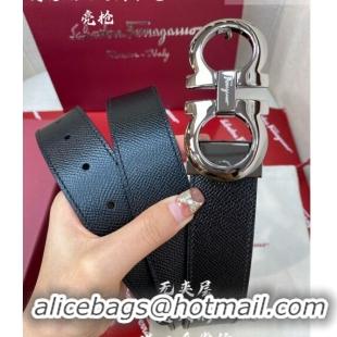 Inexpensive Ferragamo Gancini Palm-Grained Calfskin Belt 3.5cm 030902 Black/Metal Grey