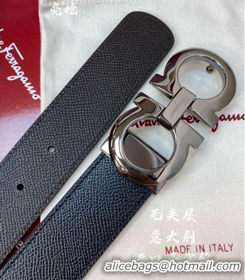 Inexpensive Ferragamo Gancini Palm-Grained Calfskin Belt 3.5cm 030902 Black/Metal Grey