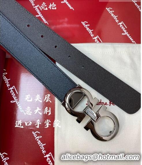 Inexpensive Ferragamo Gancini Palm-Grained Calfskin Belt 3.5cm 030902 Black/Metal Grey