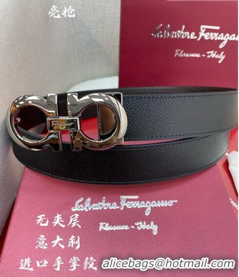 Inexpensive Ferragamo Gancini Palm-Grained Calfskin Belt 3.5cm 030902 Black/Metal Grey