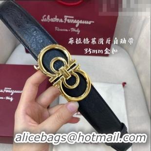 Super Quality Ferragamo Gancini Belt 3.5cm in Ostrich Pattern Leather 29001 Black/Gold