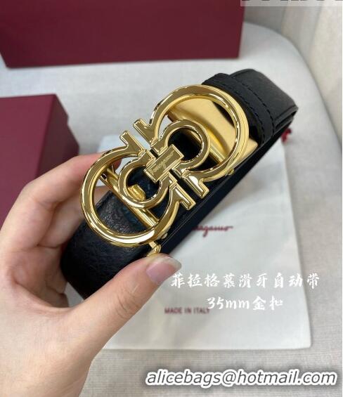 Super Quality Ferragamo Gancini Belt 3.5cm in Ostrich Pattern Leather 29001 Black/Gold