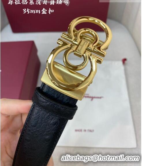 Super Quality Ferragamo Gancini Belt 3.5cm in Ostrich Pattern Leather 29001 Black/Gold