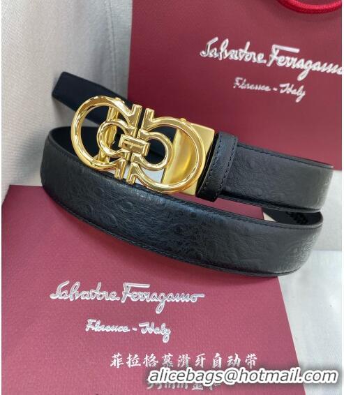 Super Quality Ferragamo Gancini Belt 3.5cm in Ostrich Pattern Leather 29001 Black/Gold