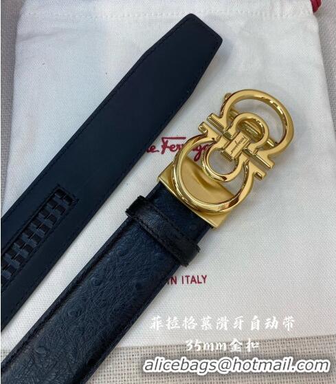 Super Quality Ferragamo Gancini Belt 3.5cm in Ostrich Pattern Leather 29001 Black/Gold