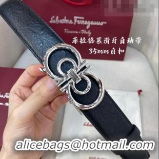 ​Best Price Ferragamo Gancini Belt 3.5cm in Ostrich Pattern Leather 29001 Black/Silver