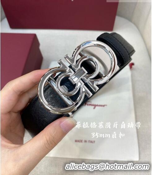 ​Best Price Ferragamo Gancini Belt 3.5cm in Ostrich Pattern Leather 29001 Black/Silver