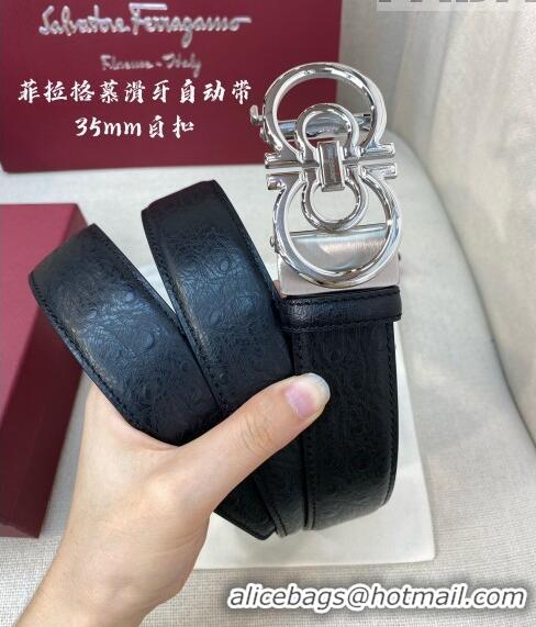 ​Best Price Ferragamo Gancini Belt 3.5cm in Ostrich Pattern Leather 29001 Black/Silver