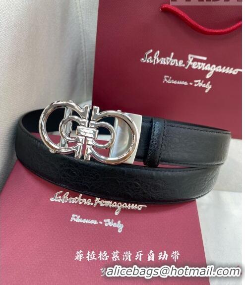 ​Best Price Ferragamo Gancini Belt 3.5cm in Ostrich Pattern Leather 29001 Black/Silver