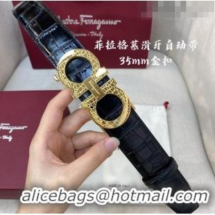 ​New Fashion Ferragamo Gancini Belt 3.5cm in Crocodile Pattern Leather 29002 Black/Gold