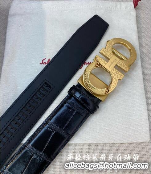 ​New Fashion Ferragamo Gancini Belt 3.5cm in Crocodile Pattern Leather 29002 Black/Gold