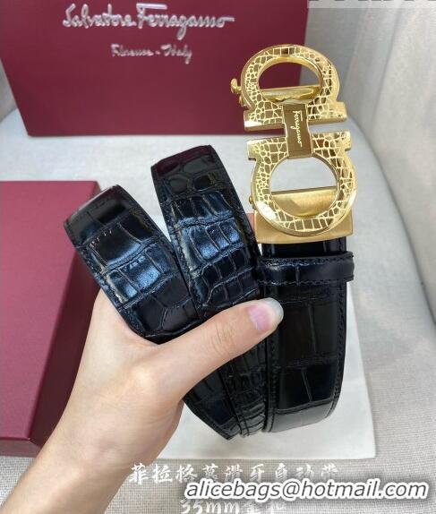 ​New Fashion Ferragamo Gancini Belt 3.5cm in Crocodile Pattern Leather 29002 Black/Gold