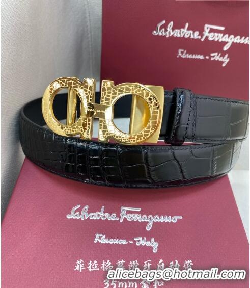 ​New Fashion Ferragamo Gancini Belt 3.5cm in Crocodile Pattern Leather 29002 Black/Gold