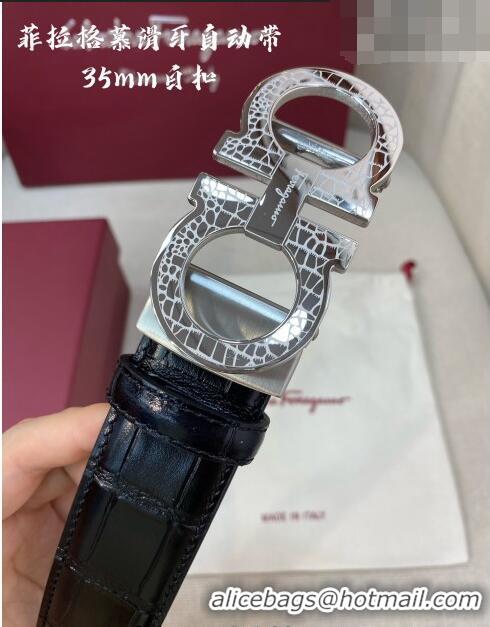 ​Promotional Ferragamo Gancini Belt 3.5cm in Crocodile Pattern Leather 29002 Black/Silver