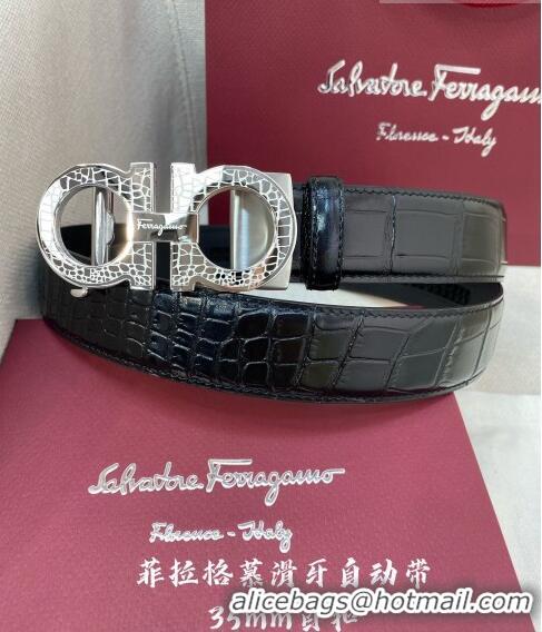 ​Promotional Ferragamo Gancini Belt 3.5cm in Crocodile Pattern Leather 29002 Black/Silver