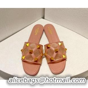 Best Price Valentino Roman Stud Flat Slide Sandals in Leather-Quilted Mesh Light Pink 027064