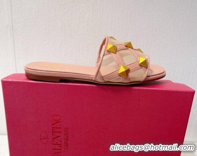 Best Price Valentino Roman Stud Flat Slide Sandals in Leather-Quilted Mesh Light Pink 027064