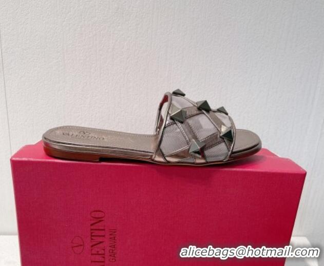 Purchase Valentino Roman Stud Flat Slide Sandals in Leather-Quilted Mesh Metallic Grey 027065