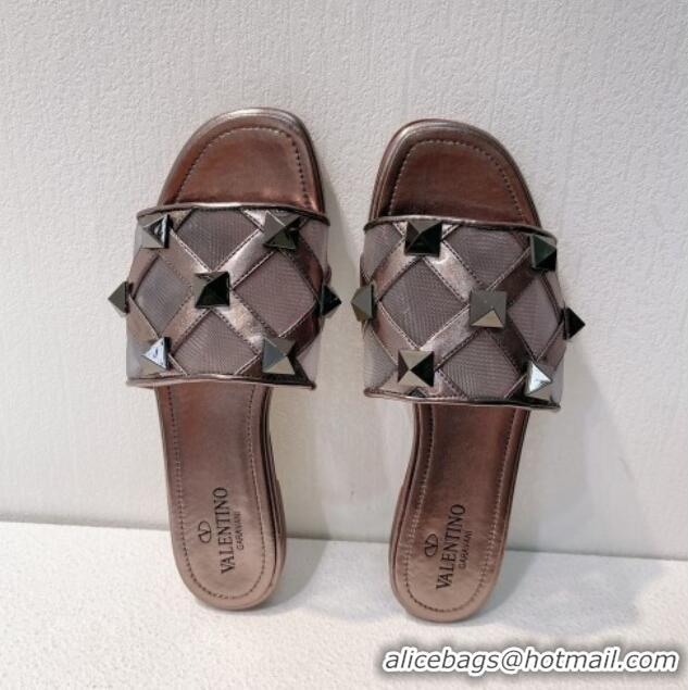 Purchase Valentino Roman Stud Flat Slide Sandals in Leather-Quilted Mesh Metallic Grey 027065