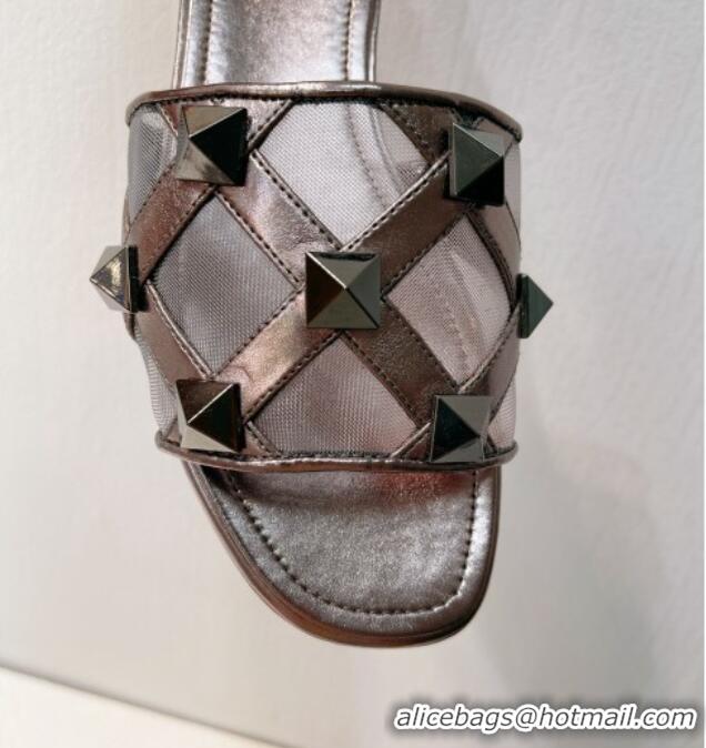 Purchase Valentino Roman Stud Flat Slide Sandals in Leather-Quilted Mesh Metallic Grey 027065