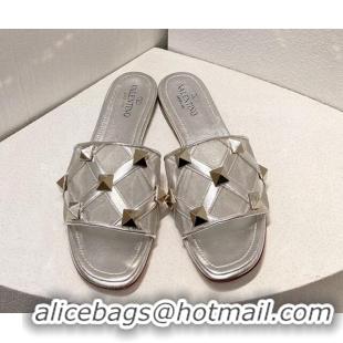 Buy Duplicate Valentino Roman Stud Flat Slide Sandals in Leather-Quilted Mesh Silver 027066