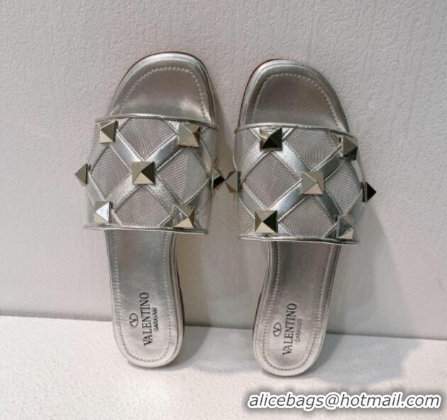 Buy Duplicate Valentino Roman Stud Flat Slide Sandals in Leather-Quilted Mesh Silver 027066