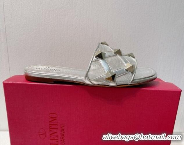 Buy Duplicate Valentino Roman Stud Flat Slide Sandals in Leather-Quilted Mesh Silver 027066