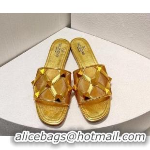 Perfect Valentino Roman Stud Flat Slide Sandals in Leather-Quilted Mesh Gold 027067