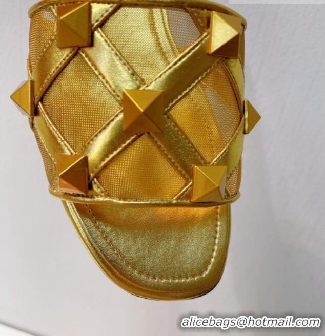 Perfect Valentino Roman Stud Flat Slide Sandals in Leather-Quilted Mesh Gold 027067