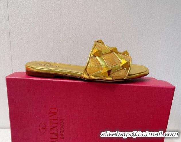 Perfect Valentino Roman Stud Flat Slide Sandals in Leather-Quilted Mesh Gold 027067