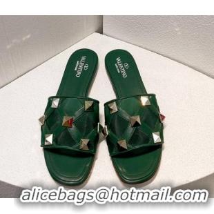 Best Quality Valentino Roman Stud Flat Slide Sandals in Leather-Quilted Mesh Dark Green 027068