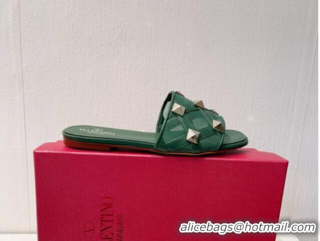 Best Quality Valentino Roman Stud Flat Slide Sandals in Leather-Quilted Mesh Dark Green 027068