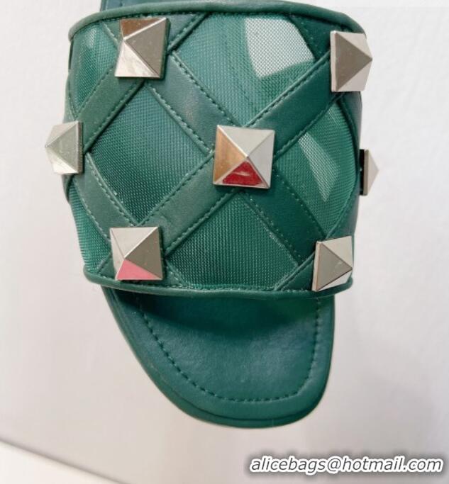 Best Quality Valentino Roman Stud Flat Slide Sandals in Leather-Quilted Mesh Dark Green 027068