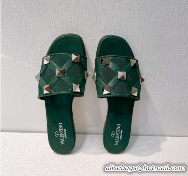 Best Quality Valentino Roman Stud Flat Slide Sandals in Leather-Quilted Mesh Dark Green 027068