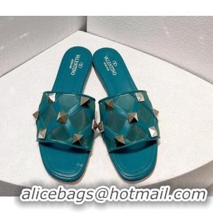 Good Quality Valentino Roman Stud Flat Slide Sandals in Leather-Quilted Mesh Blue 1027069