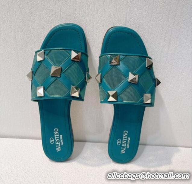 Good Quality Valentino Roman Stud Flat Slide Sandals in Leather-Quilted Mesh Blue 1027069