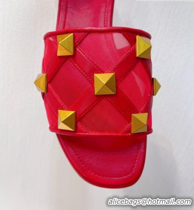 Best Price Valentino Roman Stud Flat Slide Sandals in Leather-Quilted Mesh Red 1027070