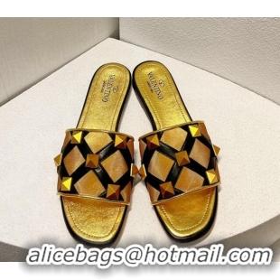 New Style Valentino Roman Stud Flat Slide Sandals in Leather-Quilted Mesh Black/Gold 1027071