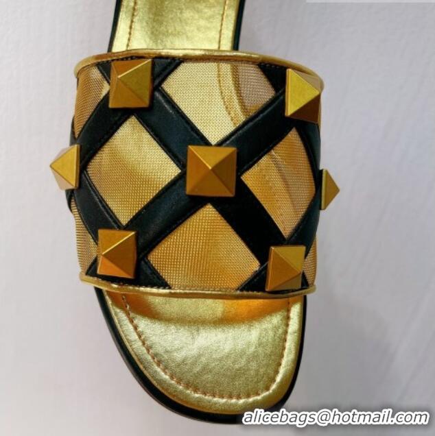 New Style Valentino Roman Stud Flat Slide Sandals in Leather-Quilted Mesh Black/Gold 1027071