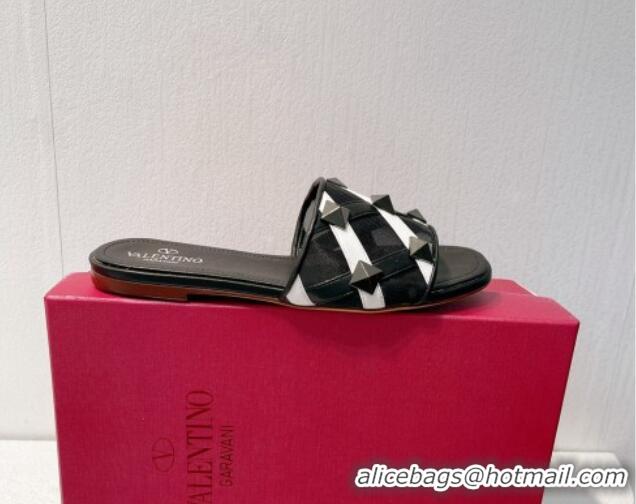 Most Popular Valentino Roman Stud Flat Slide Sandals in Leather-Quilted Mesh Black/White 1027072