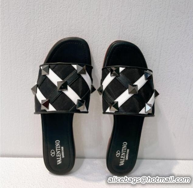 Most Popular Valentino Roman Stud Flat Slide Sandals in Leather-Quilted Mesh Black/White 1027072